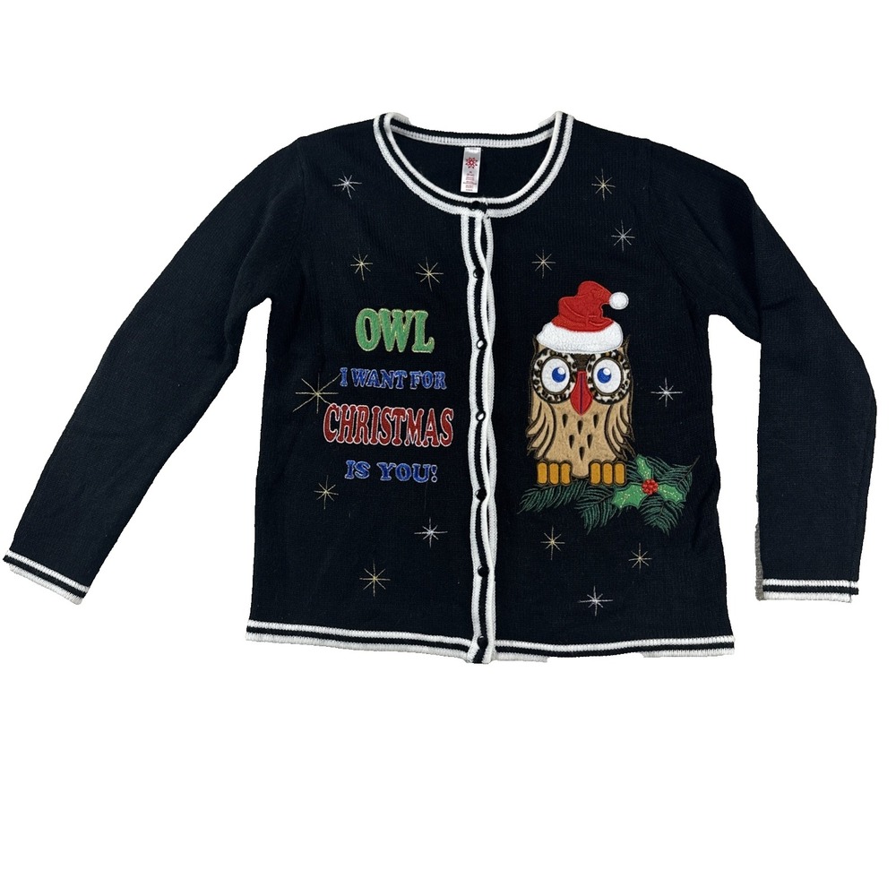 Ugly Christmas Sweater Cardigan Owl Pun Kitschy Tacky Holiday Retro Women Med